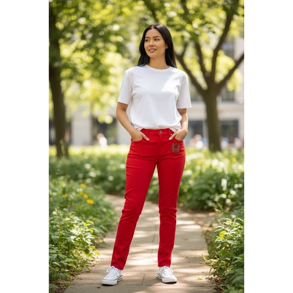 New One Teaspoon High Waist Skinny Red Embroidered Distressed Jeans Size 26 Or 2